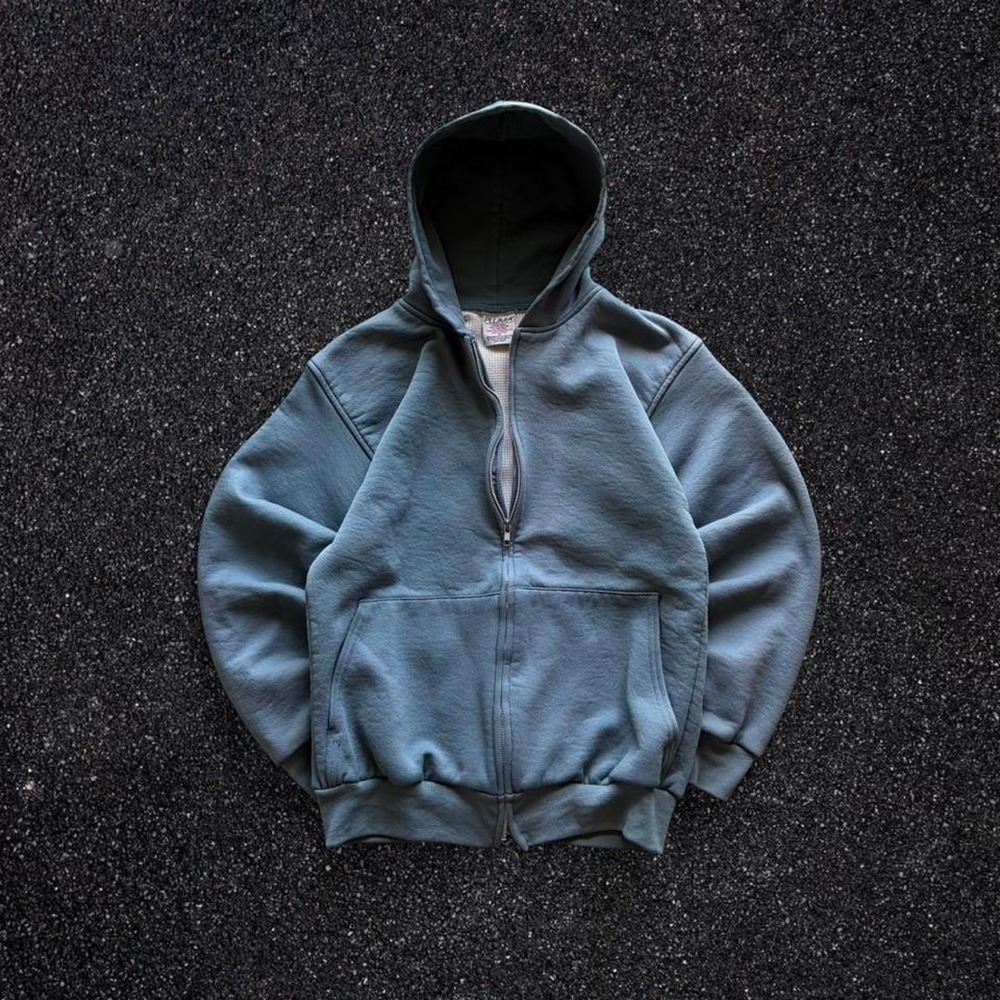 Pluma Vintage Mens Thermal Lined Full Zip Hoodie Blue Gray Waffle Knit Medium